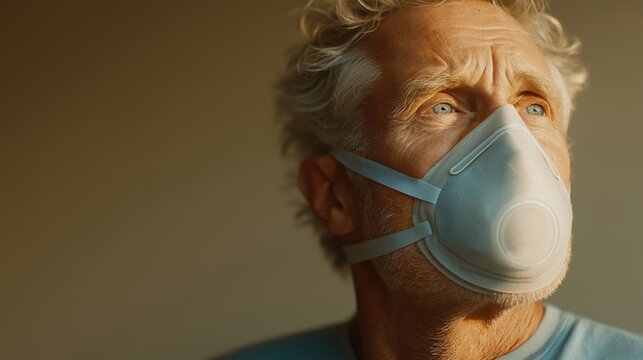 A concerned senior man wearing a protective respirator face mask. Close-up portrait with dramatic lighting. Health, safety, and pandemic protection concept with copy space