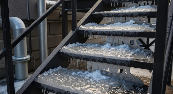 Icy metal stairs covered in snow and icicles during winter. Hazardous slippery steps representing a safety risk from cold weather