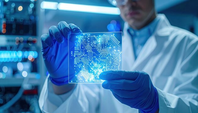 Scientist holding glowing semiconductor chip in laboratory representing innovation in microelectronics and futuristic technology research development