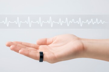 Biohacking. Hand of a person wearing a black fitness tracker displays a digital heartbeat line, symbolizing health monitoring and technology integration in daily life