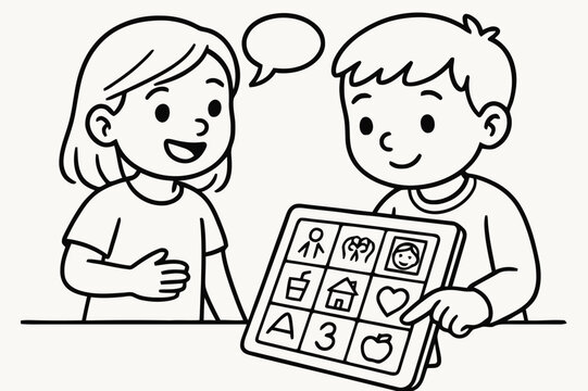 Tablet Communication Coloring Page. AAC tablet communication children?s coloring book illustration, outlined drawing, student tapping symbol buttons on a