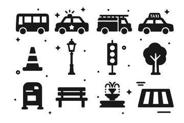 Obraz premium LEGO City Icons. LEGO City Elements. Solid icons set of LEGO City Elements: bus, police car, fire truck, taxi, construction cone, lamppost, stoplight, tree,