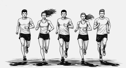 Design for fitness apps: Black and white vector sketch of five diverse runners training. EPS version.