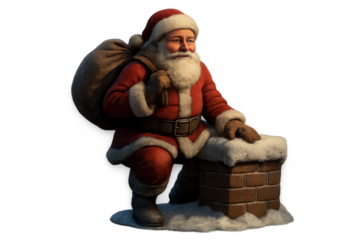 Santa claus with sack delivering christmas gifts, standing on a snowy chimney, holiday celebration concept