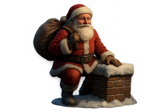 Santa claus with sack delivering christmas gifts, standing on a snowy chimney, holiday celebration concept
