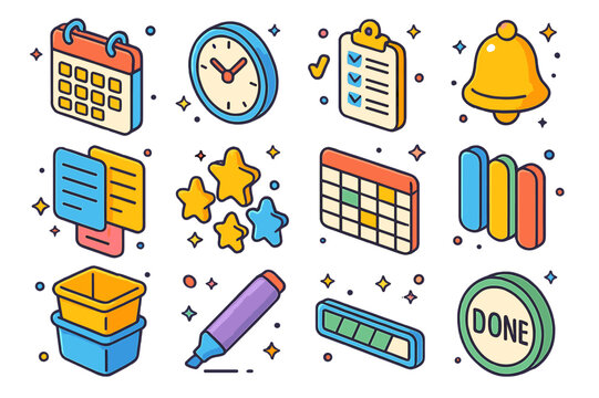 Colorful Cleaning Icons. Cleaning routine schedule. Colorful isometric vector icons set of Cleaning routine schedule: wall calendar, clock, checklist, reminder