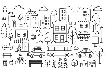 Fototapeta premium City Street Doodle. Hand-drawn doodle illustration. city street scene. Hand-drawn doodle illustration city street scene, buildings, cars, buses, taxis,