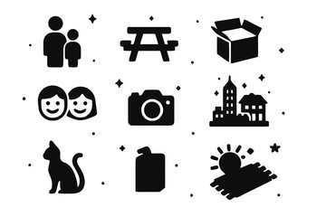 Obraz premium Family LEGO Fun. Family LEGO Day. Solid icons set of Family LEGO Day: parent and child, picnic table, open box, smiling faces, camera, completed city, cat pet,