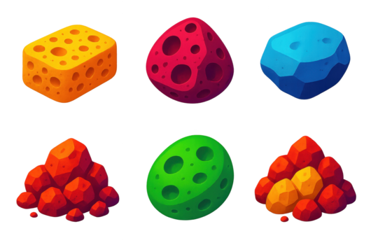 Colorful 3D Stone Icons. 3D icon set of lightweight stones: pumice sponge, porous scoria, floating rock, crushed lava, airy pebble