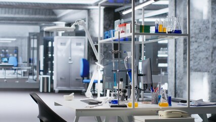 Empty laboratory workspace displays jars and blood samples or tools prepared for analysis. Clinical setup reflects biotechnology, chemistry and molecular biology equipment for testing.