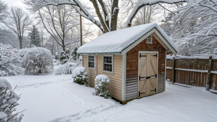 Snow-covered shed in backyard surrounded by winter landscape and trees. Cozy shed nestled in gleaming snow with white fluffy snowflakes blanketing garden.