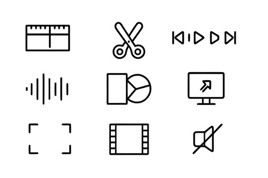 Video Editing Icons. Video Editing. Line icon set of Video Editing: timeline, playhead, scissors cut, playback controls, clip segment, sound wave, transition