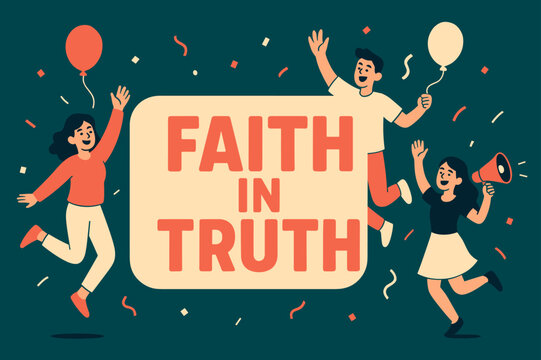Joyful Celebration Banner. Faith in truth banner, flat vector illustration, bold oversized text inside rounded rectangle, cartoon characters jumping and