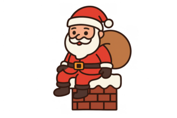 Santa claus cartoon character sitting on a chimney with a gift sack, bringing holiday presents, transparent background