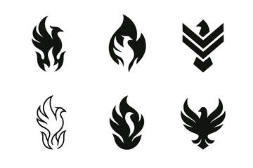 Naklejka premium Fairy-tale Logo Set. fairy-tale creatures. Set Logo of fairy-tale creatures: Phoenix rising plume. Icon set. harmonious logo variations of the same emblematic