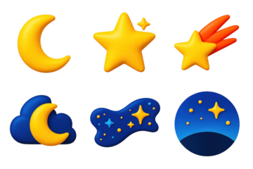 3D Night Sky Icons. 3D icon set of night skies: crescent moon, twinkling star, shooting star, cloudy night, Milky Way band, dark