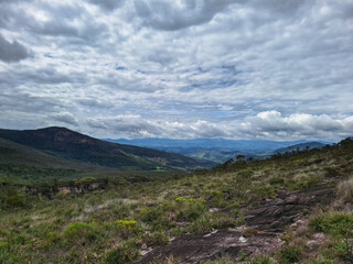 Panoramic view of lush green mountains and valley