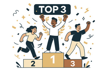 Obraz premium Vibrant Podium Celebration. Podium confetti. Gold, silver, bronze rise into a tidy stair; ?Top ? glows as paper bits drift. A laurel wreath icon clicks around