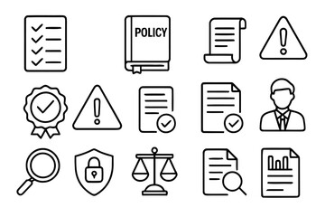Fototapeta premium Legal Compliance Icons. Legal Compliance. Line icon set of Legal Compliance: checklist, policy book, rule document, law scroll, tick badge, warning triangle,