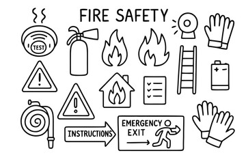 Fototapeta premium Fire Safety Icons. Fire Safety. Hand-drawn doodle illustration Fire Safety smoke detector, fire extinguisher, flames, alarm sound, battery, ladder, test