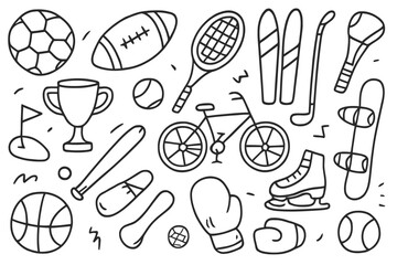 Sports Equipment Doodles. Sport. Hand-drawn doodle illustration Sport soccer balls, basketballs, footballs, tennis rackets, bikes, skates, surfboards, skis,