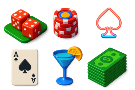 Casino Icon Set. 3D icon set of casino atmosphere: dice on green felt, poker chip stack, playing card ace, neon light, cocktail - Powered by Adobe
