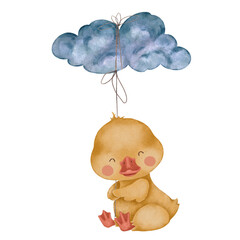 Watercolor illustration of a cute baby duck holding a string tied to a blue cloud balloon. Illustration for nursery decor, baby shower design, posters, textiles, and childrens products.