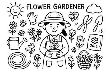 Flower Gardener Doodle. Flower gardener. Hand-drawn doodle illustration flower gardener flowers, pot, watering can, gloves, shears, hat, spade, soil bag,