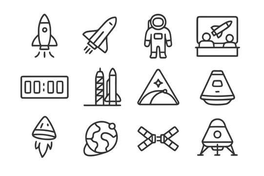 Space Travel Icons. Space travel. Line icon set of space travel: rocket launch, shuttle, astronaut, control center, countdown clock, launch pad, mission patch,