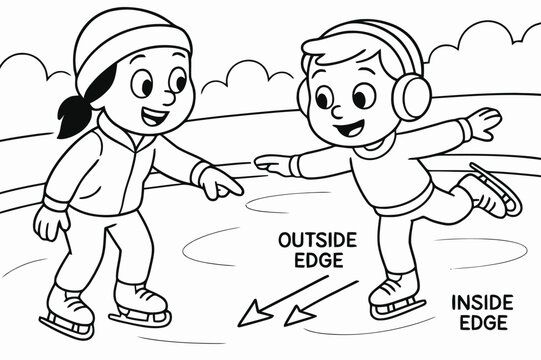 Ice Skating Lesson. Balance and edge control children?s coloring book illustration, outlined drawing, a one-foot glide with a smiling coach pointing to inside