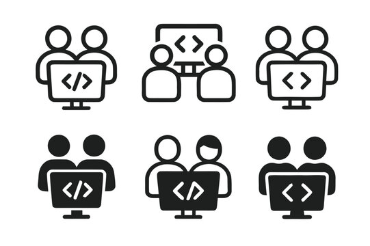 Office Collaboration Logos. office collaboration. Set Logo of office collaboration: Pair programming screens. Icon set. harmonious logo variations of the same