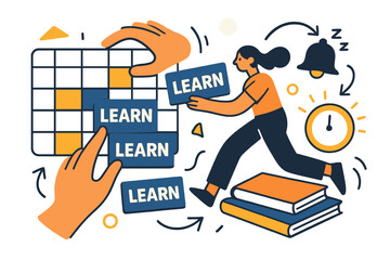 Dynamic Study Planning. Time blocking for study. Hands drag vibrant rectangles on a calendar; ?Learn? tiles lock into place as a bell icon sleeps. A timer