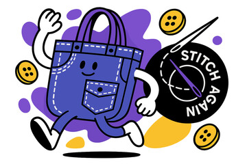 Denim Tote Metamorphosis. Denim Tote Revival. Old jeans morph into a sturdy tote; seam lines glow as a needle icon traces ?stitch again?. Buttons orbit like