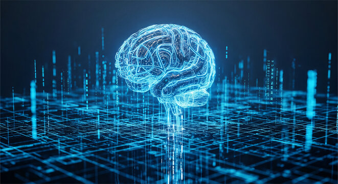 AI brain with blue neon light and tech grid