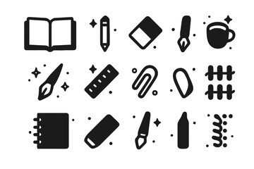 Obraz premium Sketchbook Essentials Icons. Sketchbook. Solid icons set of Sketchbook: open sketchbook, pencil, eraser, paintbrush, ink pen, ruler, paper clip, coffee cup,