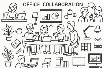Obraz premium Office Collaboration Sketch. Office Collaboration. Hand-drawn doodle illustration Office Collaboration people discussing, laptops, desks, chairs, coffee cups,