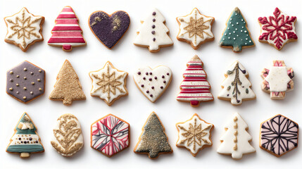 Assortment of decorated christmas cookies isolated on white background for the holidays