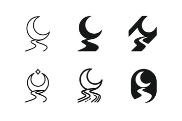 Obraz premium Moonlit Path Variations. Moonlit path. Set Logo of Moonlit path: crescent moon illuminating track. harmonious logo variations of the same emblematic concept,