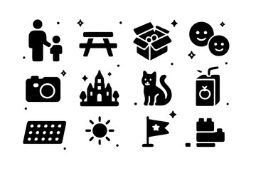 Obraz premium Family LEGO Icons. Family LEGO Day. Solid icons set of Family LEGO Day: parent and child, picnic table, open box, smiling faces, camera, completed city, cat