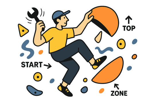 Dynamic Climbing Setup. Route Setter at Work. A wrench spins as a setter places a bright sloper; arrows label ?Start / Zone / Top.? Holds float in a playful