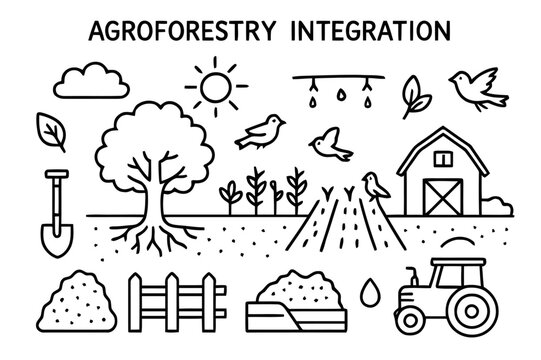 Agroforestry Elements Sketch. Agroforestry integration. Hand-drawn doodle illustration Agroforestry integration tree, crop rows, roots, birds, sun, soil layer,