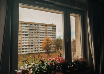29.10.2025, Żory, Poland. View from window over Osiedle Powstańców Śląskich housing estate in Żory, Poland, showing typical PRL‑era residential blocks © Katarzyna Ledwoń