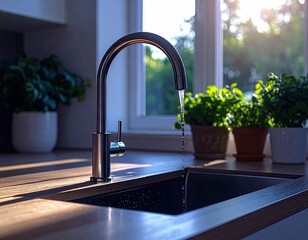 モダンなキッチンの蛇口から流れる水
