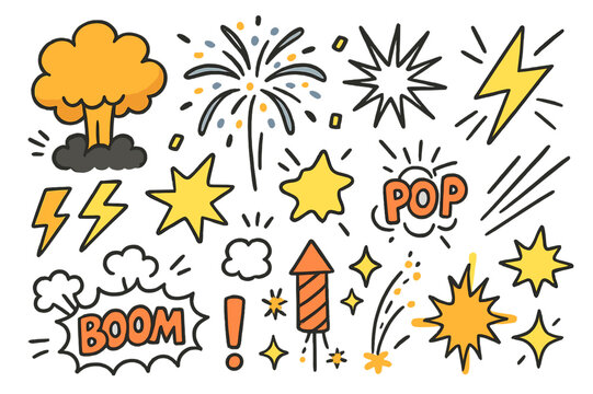 Colorful Explosion Doodle. Explosion effect. Hand-drawn doodle illustration explosion (colored), fireworks (colored), starburst (colored), confetti (colored),