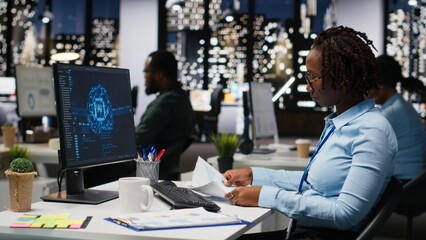 Young female analyst uses AI neural networks for data mining and optimization, working in a multinational company with automation tools. Artificial intelligence digital tools for success.