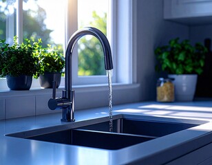 モダンなキッチンの蛇口から流れる水

