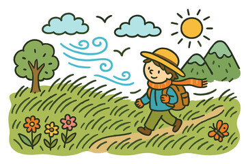 Windy Grassland Adventure. windy grassland. Colorful Hand-drawn doodle Children illustration windy grassland person, tall grass, wind, mountain, clouds, sun,