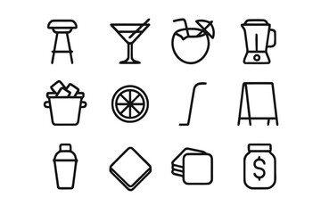 Pool Bar Icon Set. Pool Bar. Line icon set of Pool Bar: bar stool, cocktail glass, coconut drink, blender, ice bucket, fruit garnish, straw, menu board,