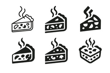 Quiche Logos. Cooking a savory quiche with vegetables and cheese. Set Logo of Cooking a savory quiche with vegetables and cheese: sliced quiche with steam