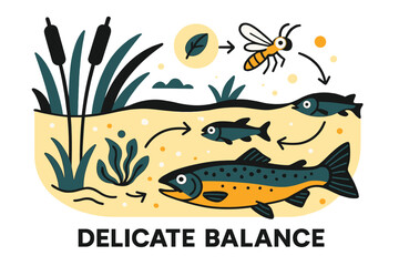 Fototapeta premium Freshwater Ecosystem Harmony. River Ecosystem ? Freshwater Life. Fish glide under reeds; arrows trace food chain links from algae > insects > trout. Caption